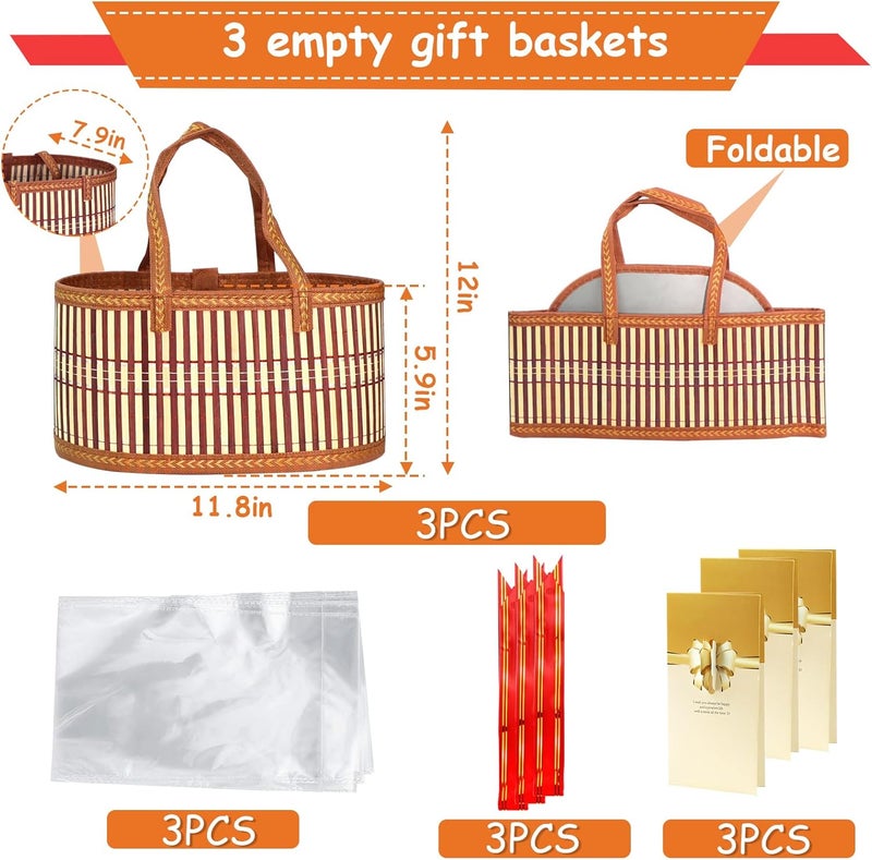 KEVTVEK 3 Set Baskets for Gifts Empty, Large Woven Bamboo Gift Basket Kit with Handles, Sturdy Empty Gift Baskets to Fill for Valentines, Birthday Party Wrapping Gift -3 Cellophane Wrap Bags,3 Gift Cards - Image 2